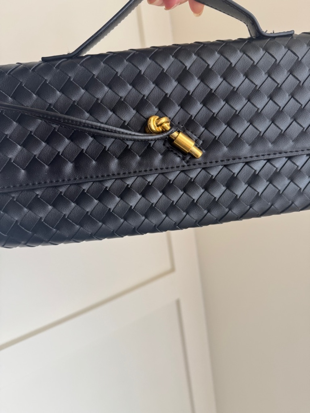 Woven Black Leather Top-Handle Clutch - Picture 2 of 7